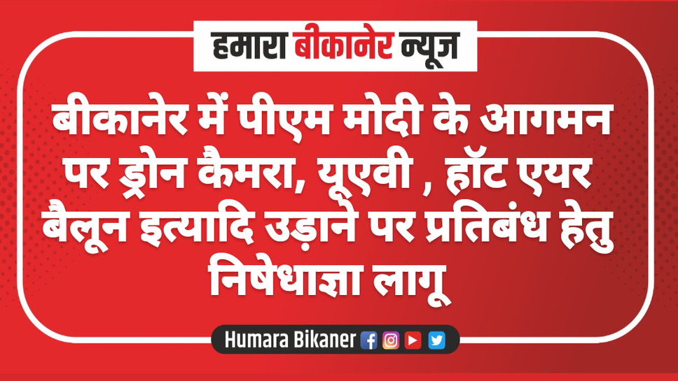 ड्रोन कैमरा, यूएवी , हॉट एयर बैलून इत्यादि उड़ाने पर प्रतिबंध हेतु निषेधाज्ञा लागू