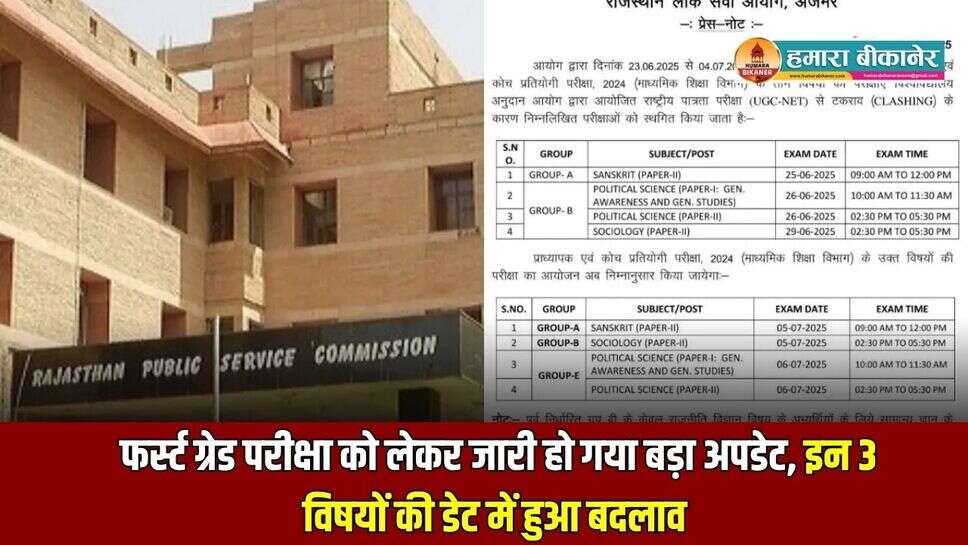 फर्स्ट ग्रेड परीक्षा को लेकर जारी हो गया बड़ा अपडेट, इन 3 विषयों की डेट में हुआ बदलाव, जानें डीटेल