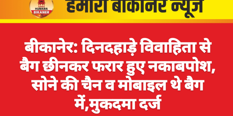बीकानेर: दिनदहाड़े विवाहिता से बैग छीनकर फरार हुए नकाबपोश, सोने की चैन व मोबाइल थे बैग में,मुकदमा दर्ज