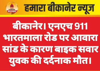 बीकानेर। एनएच 911 भारतमाला रोड पर आवारा सांड के कारण बाइक सवार युवक की दर्दनाक मौत।