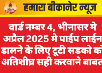 वार्ड नम्बर 4, भीनासर मे अप्रैल 2025 मे पाईप लाईन डालने के लिए टूटी सडको को अतिशीघ्र सही करवाने बाबत