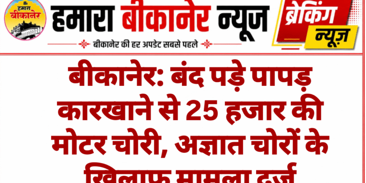 बीकानेर: बंद पड़े पापड़ कारखाने से 25 हजार की मोटर चोरी, अज्ञात चोरों के खिलाफ मामला दर्ज