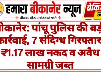 बीकानेर: पांचू पुलिस की बड़ी कार्रवाई, 7 संदिग्ध गिरफ्तार, ₹1.17 लाख नकद व अवैध सामग्री जब्त