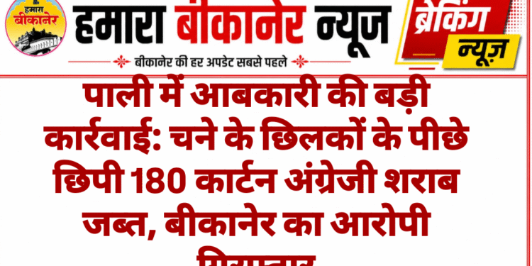 पाली में आबकारी की बड़ी कार्रवाई: चने के छिलकों के पीछे छिपी 180 कार्टन अंग्रेजी शराब जब्त, बीकानेर का आरोपी गिरफ्तार