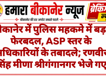 बीकानेर में पुलिस महकमे में बड़ा फेरबदल, ASP स्तर के अधिकारियों के तबादले; रणवीर सिंह मीणा श्रीगंगानगर भेजे गए