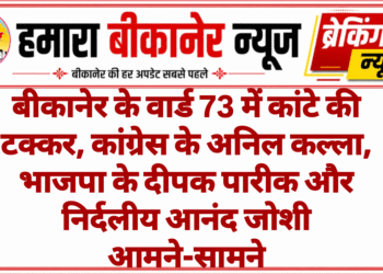 बीकानेर के वार्ड 73 में कांटे की टक्कर, कांग्रेस के अनिल कल्ला, भाजपा के दीपक पारीक और निर्दलीय आनंद जोशी आमने-सामने